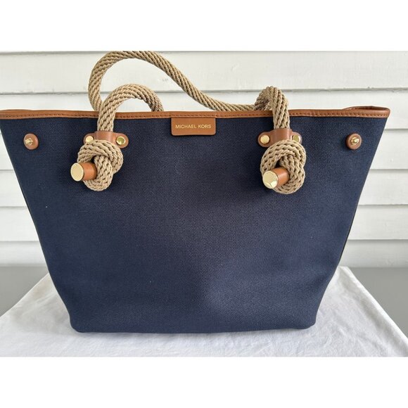 Michael Kors Nautical Canvas Rope Handle Tote Bag Navy Blue Coastal Resort L - Picture 1 of 9